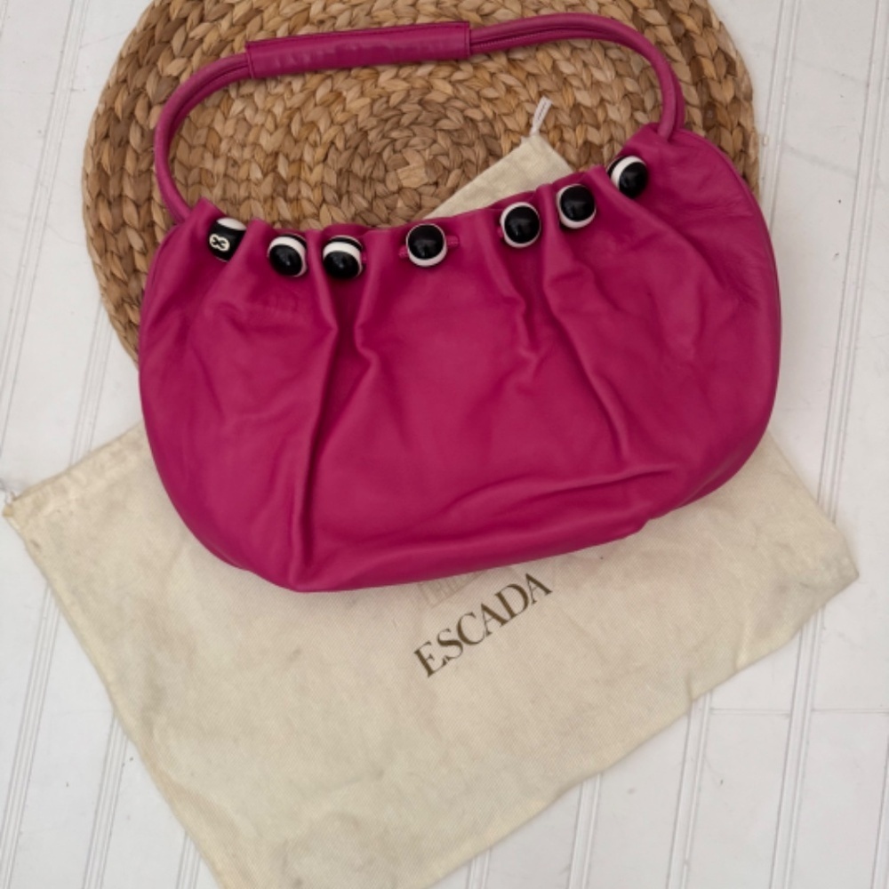 ESCADA Italy Bright Hot Pink Black White Beads Lamb Leather Shoulder Handbag